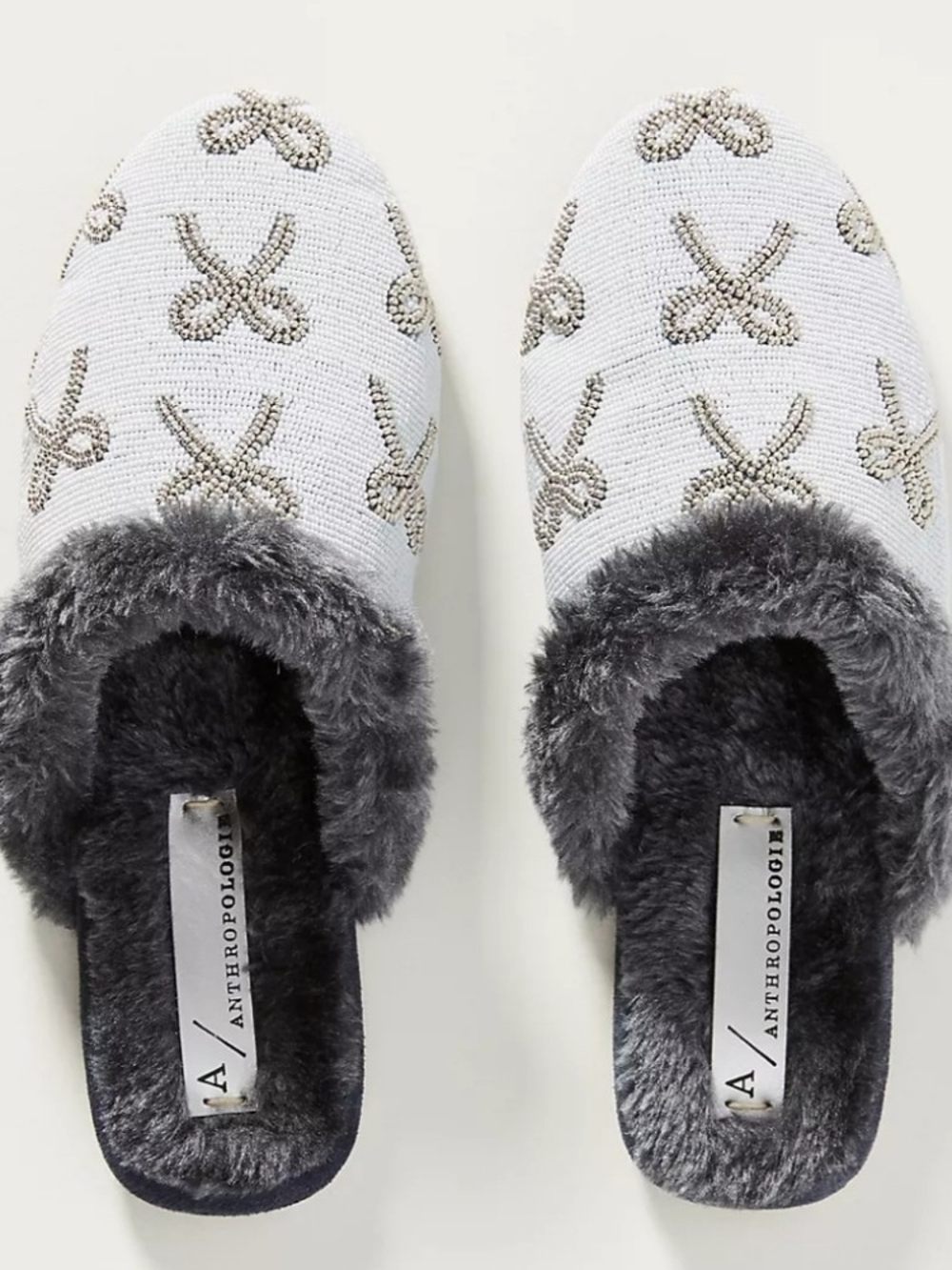 Anthropologie Gray & White Plush Beaded Bow Slip-On Slippers